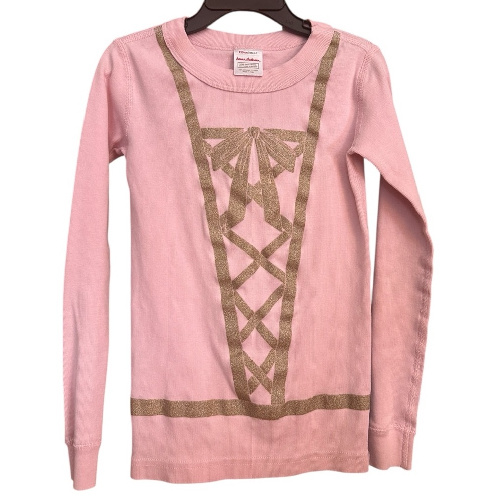 Hanna Andersson 100% Organic Cotton Pajama Top Pink Gold Bow Sparkles Size 6/7